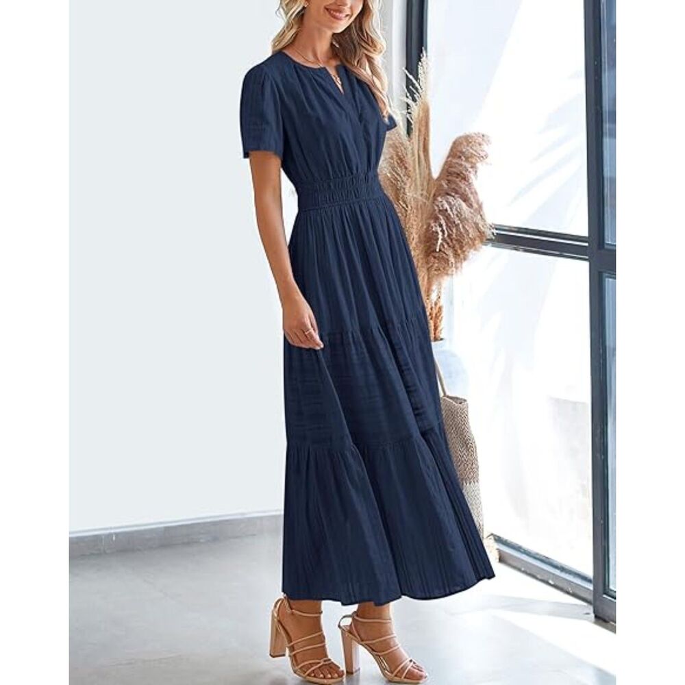 Women's Navy V Neck Short Sleeve A Line Summer Casual Maxi Dresses Pockets - Picture 5 of 6